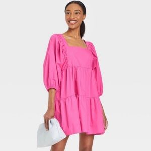 A New Day Bubblegum Barbie Pink Hot Pink Ballon Sleeve Puffed Sleeve Dress NWOT